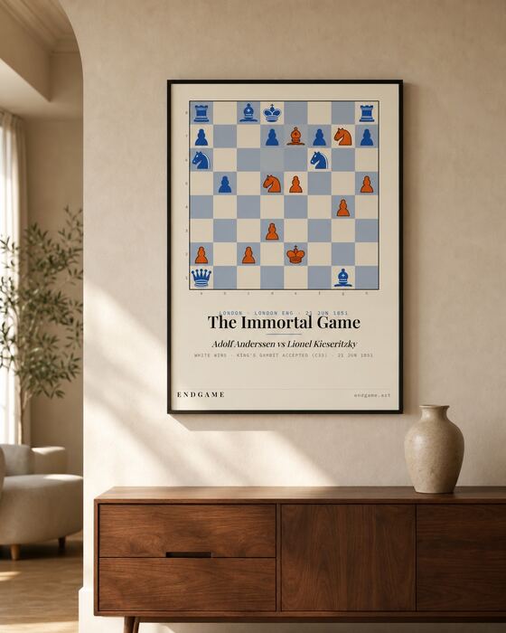 An Endgame chess print framed on a living-room wall