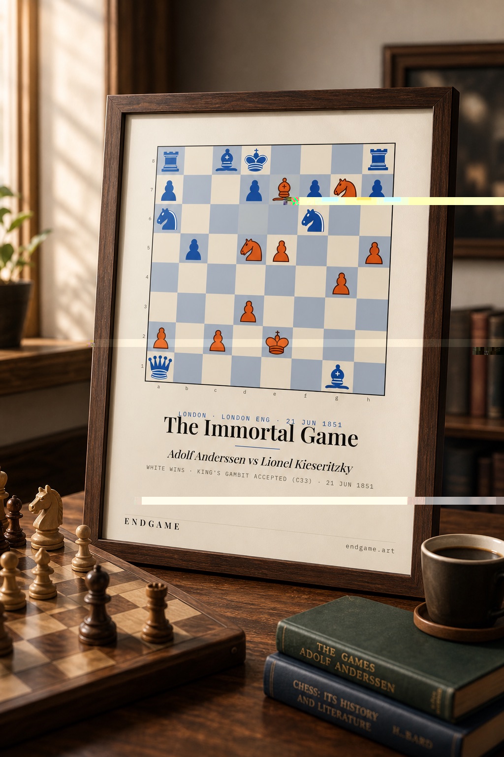 A framed Endgame chess print as a gift, beside a chess set and coffee